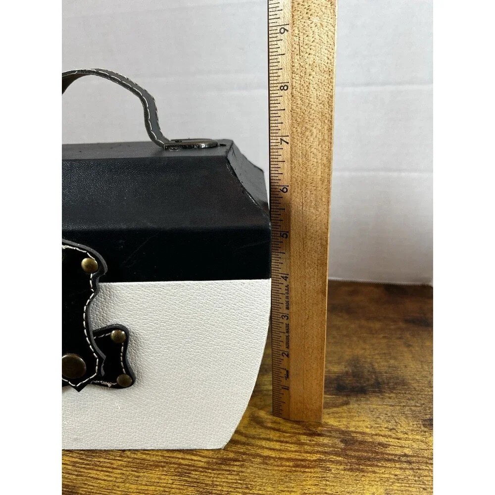 Black White Faux Leather Storage Box Decorative Trunk Case W/ Handle 8X6X7 Vtg